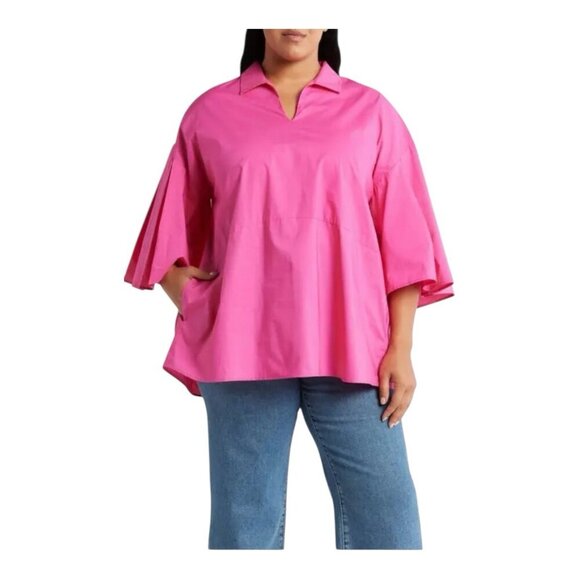 Harshman Maureen Tunic Cotton Poplin Top Fuchsia Medium Oversized $219 VNeck - Picture 1 of 9
